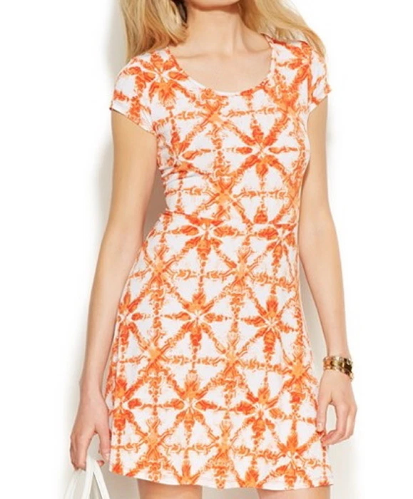 Abito svasato Michael Kors smaltato stampa piastrelle Clementine L nuovo con etichette $99 50