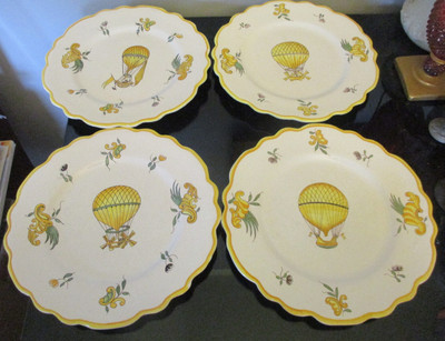 Set 4 Antique French Faience HandPainted Hot Air Balloon 10'' Plate Wall Hanging