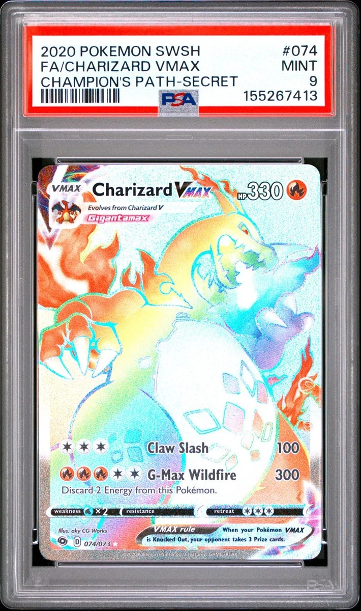 pokemon cards rainbow rare charizard vmax Champion's Path Secret 074/073 PSA 9 TBC Games Max Wildfire 300 Discard 2 Energy from this Pokemon. Charizard Vmax rainbow rare grading