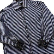 Bugatchi Dress Shirt Mens XL Blue Striped Button Up Flip Cuff Office Business