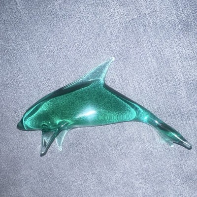 Large 10'' Vintage Murano Style Sommerso Art Glass Dolphin Hand Blown Glass