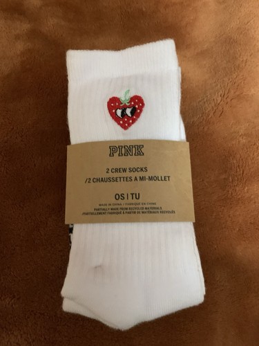 Victoria's Secret PINK 2 Pair Crew Socks White (Strawberry) and Gray (Cherries) - Picture 1 of 6
