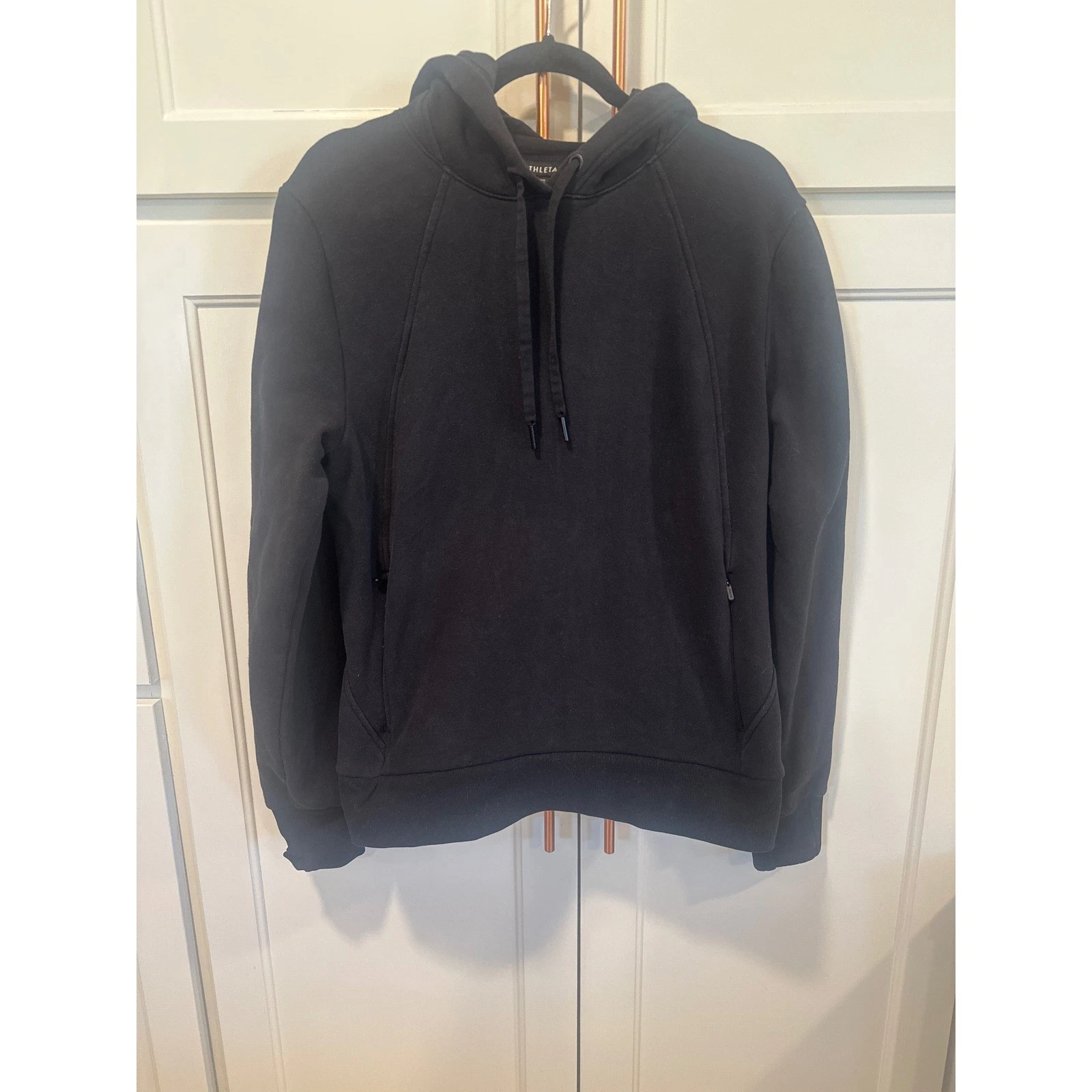 Athleta Womens cozy karma Black Fleece travel Zip Pocket Pullover Hoodie M cozy