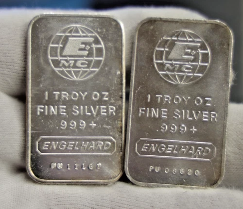 (2) Engelhard 1 oz .999 Silver Bars E  Globe PU Serail #'s..