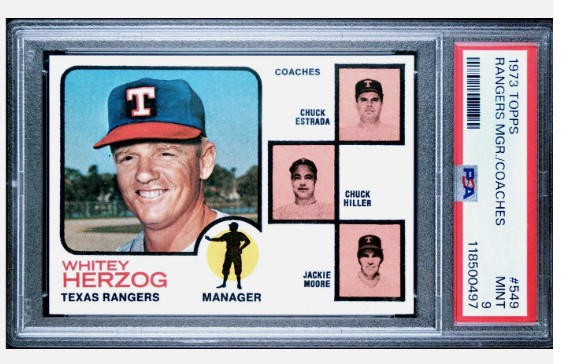 1973 TOPPS Texas Rangers Manager Coaches Whitey Herzog #549 PSA 9 MINT Low Pop