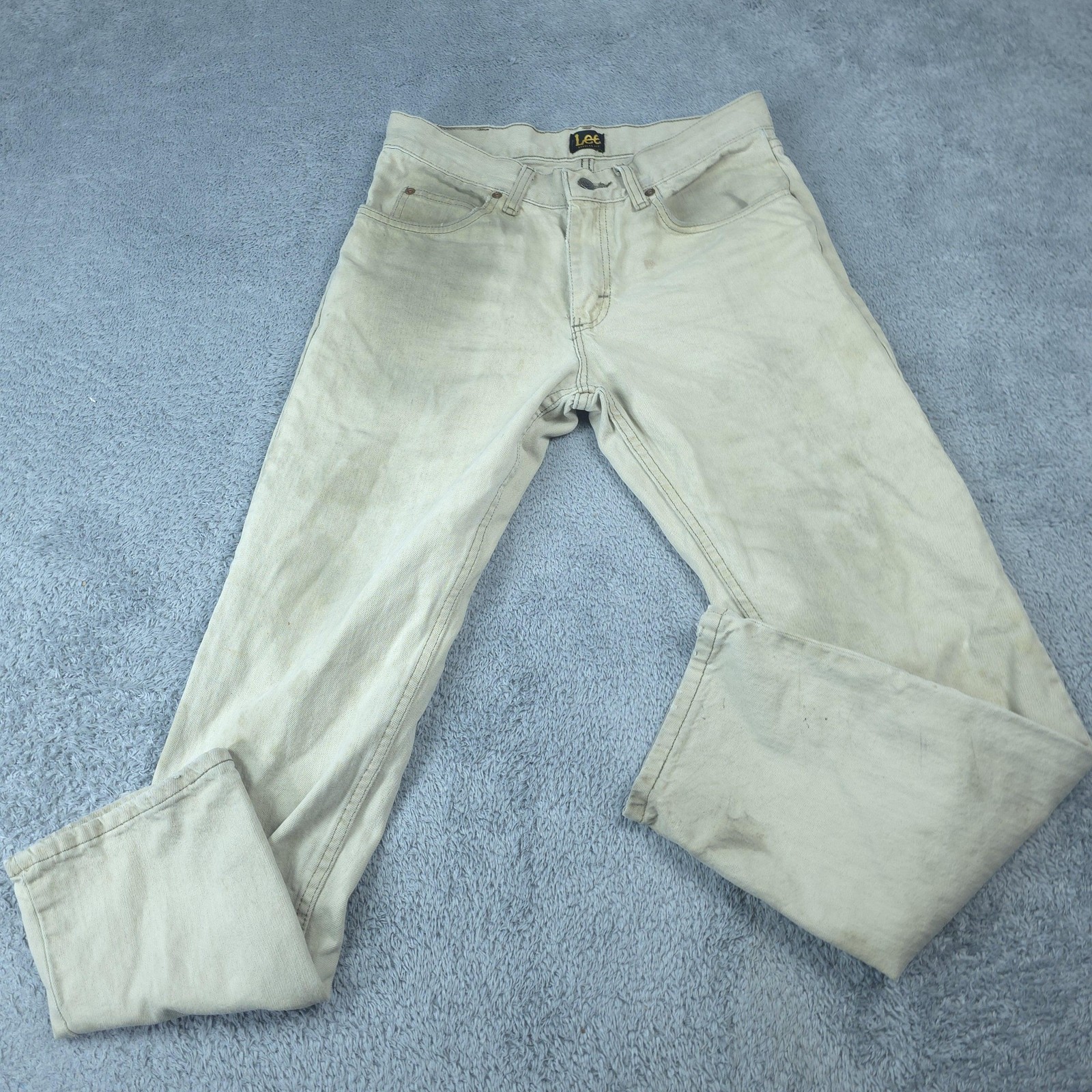 Lee Jeans Mens 32x30 Beige Straight Regular Fit Zip Fly Stains Workwear
