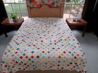 STAINED Vintage 70s Cotton NICE Novelty Prints CATHEDRAL WINDOW Quilt; 95"x87"