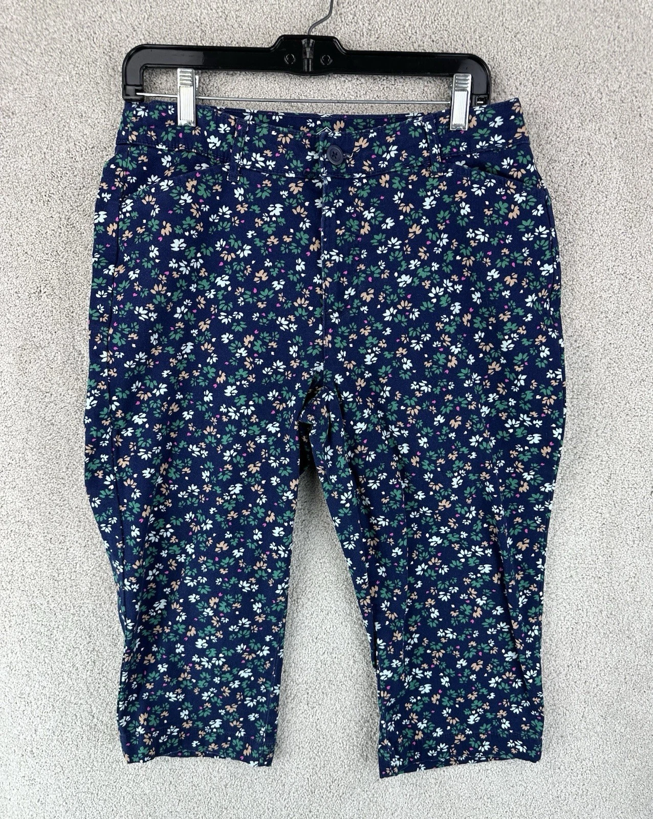St Johns Bay Capri Pants Womens 12 Floral Design Navy Blue Green Stretch