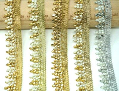 1 m/2,5 cm breit Metallic Perlen, Nieten Zari Spitzenborte Einfassung Bordüre zum Annähen