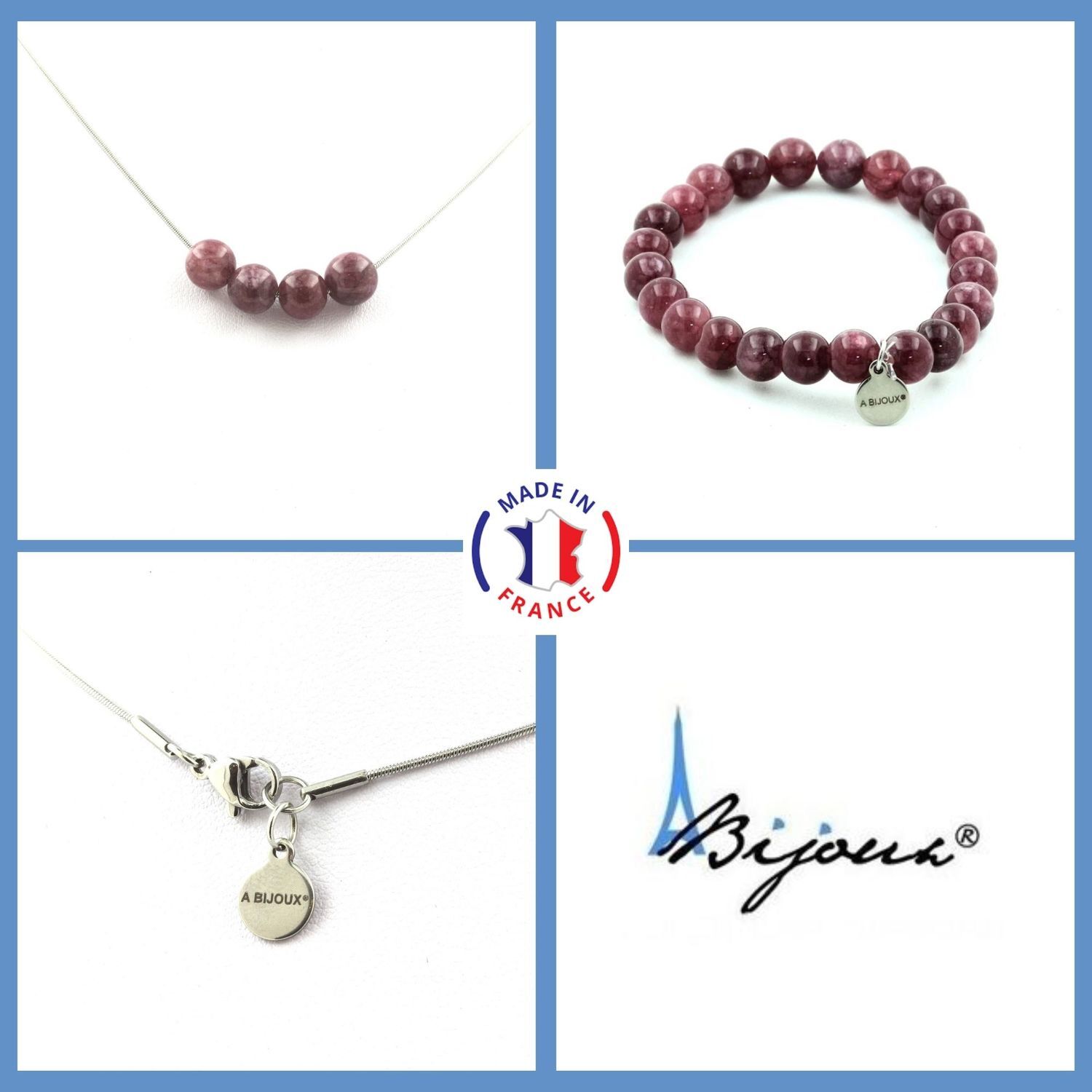 Parure en lépidolite 8mm et acier inoxydable pour un bien-être durable