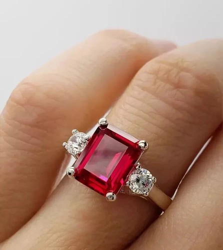 4.40 Ct Emerald Cut Natural Ruby Diamond Engagement Ring 14K White Gold Solid - Picture 3 of 6