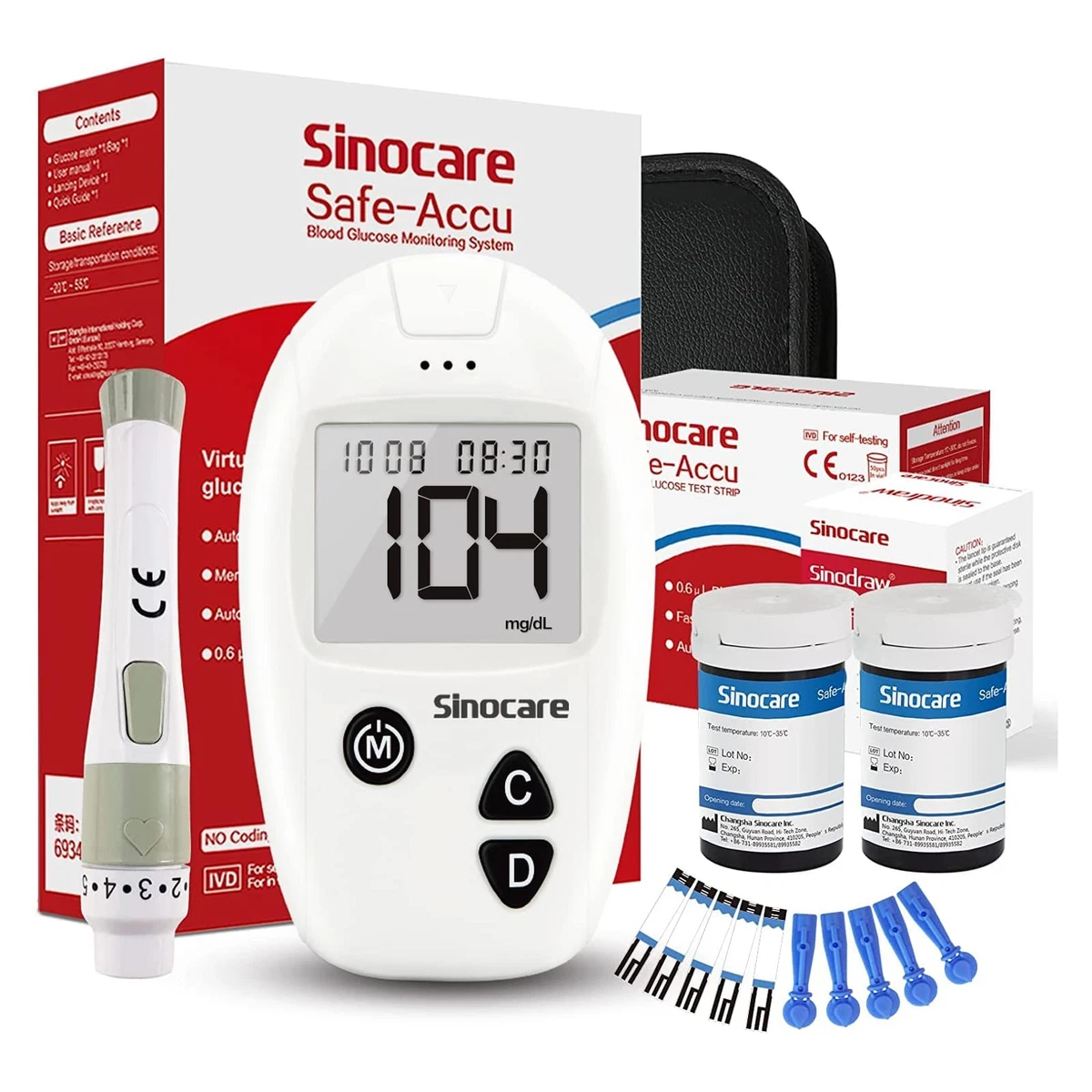 Glucómetro Medidor de glucosa en sangre Diabetes con 100 Tiras-mg/dl