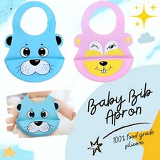 Waterproof Baby Bibs Silicone + Plastic Bib Apron Cartoon Feeding Food Catcher