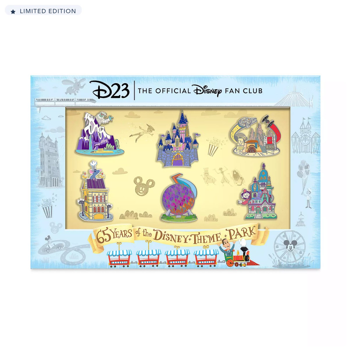 D23 – 65 Years of Disney Parks Pin Set Gold Members Celebrations