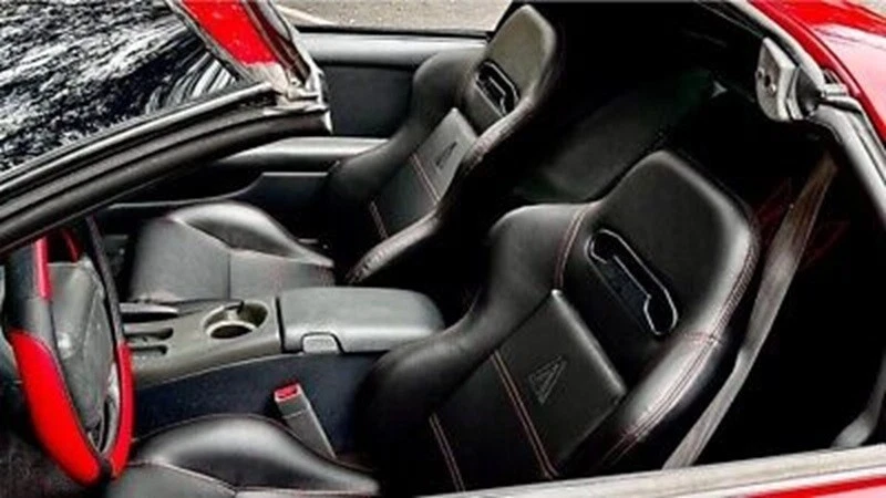 2 BLACK PVC LEATHER + RED STITCH RACING SEATS RECLINABLE + SLIDERS FOR PONTIAC * - Image 3 of 4