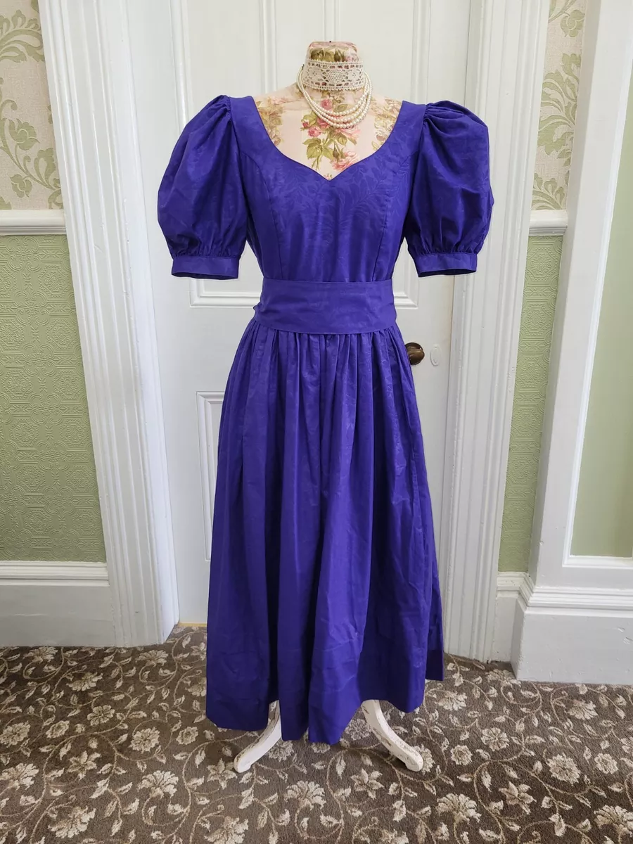 Vintage Laura Ashley Fit & Flare 100% Cotton Blue Jacquard Dress, Size UK 14