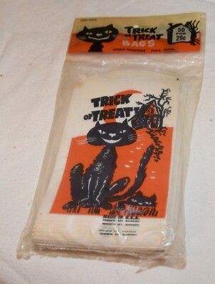 VTG 1950's Halloween Paper Trick or Treat Candy Bags-Cat-50 in Orig PKG Unused