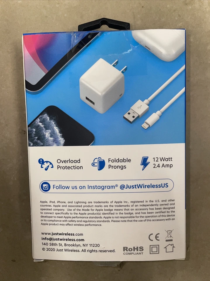 New Just Wireless Home Charger 12W 2.4 Amps USB-A to  Cable 5ft, White - Image 2 of 2