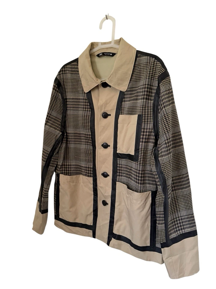 Jaqueta utilitária Zara xadrez patchwork – Bege/preto - Imagem 4 de 4