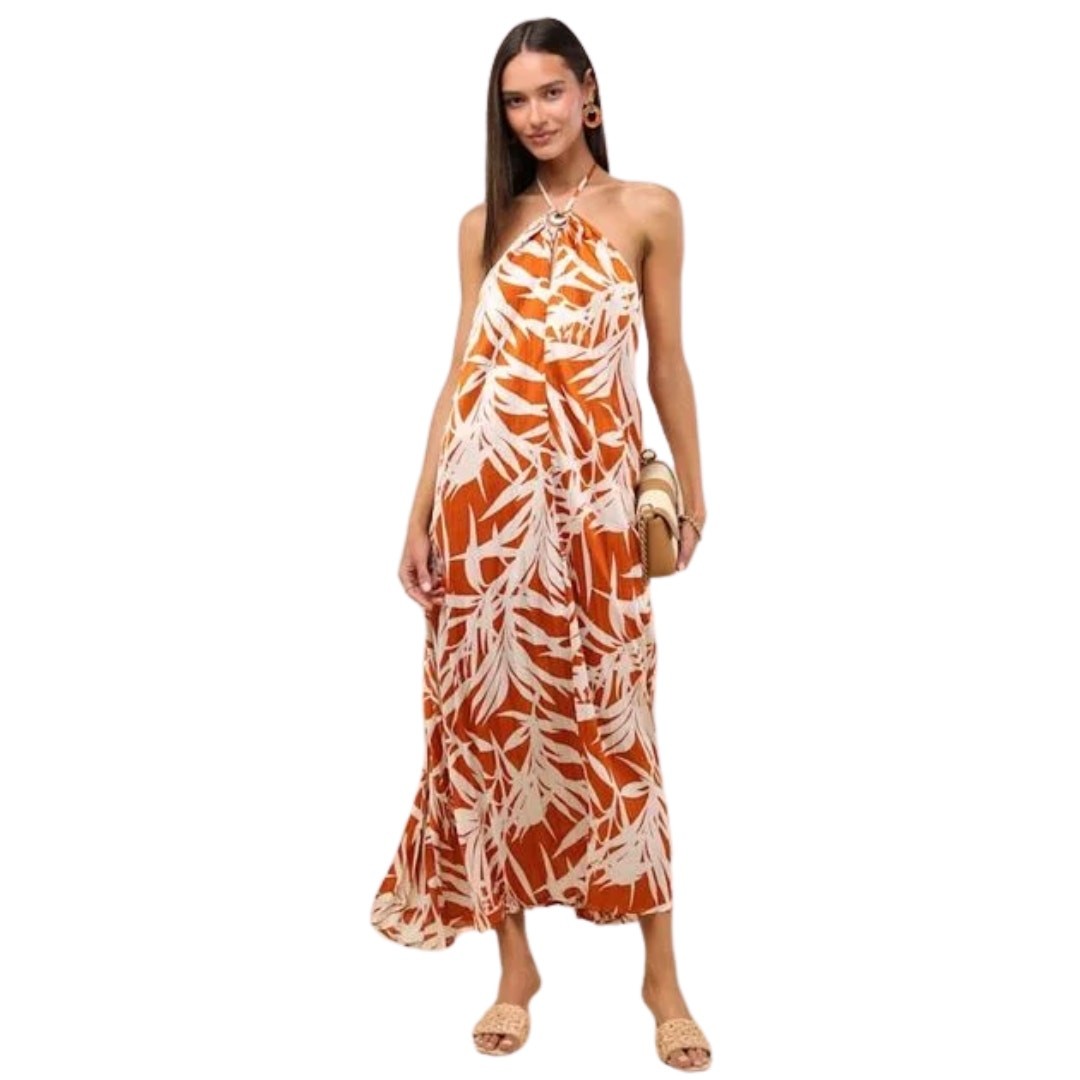 Lulus Dress Womens Small Orange Cream Kalena Maxi Halter Pleated Palm Tree Boho