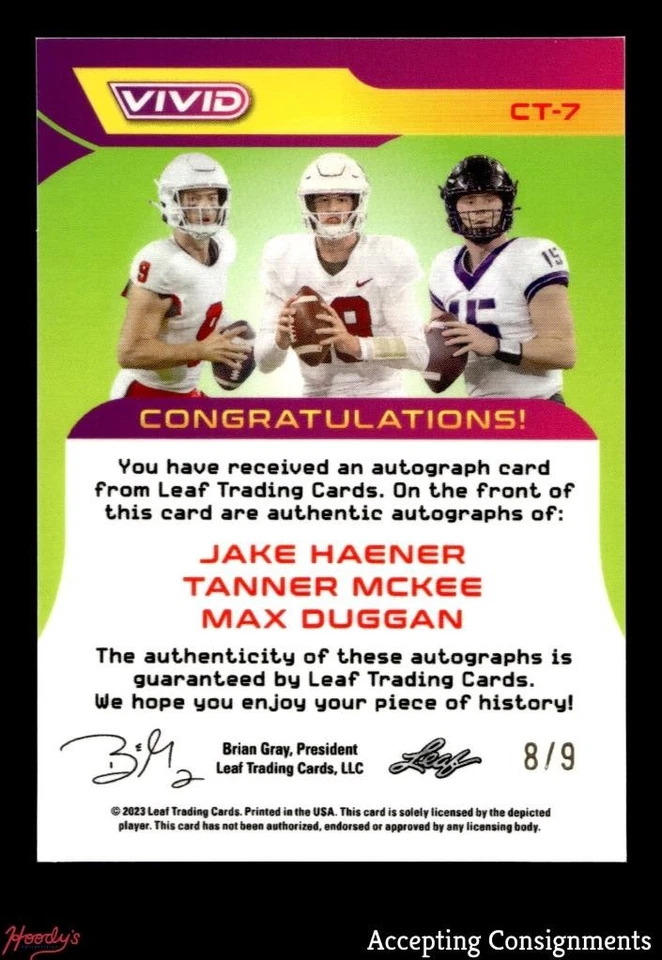 2023 Leaf Vivid Gray Jake Haener Tanner McKee Max Duggan TRIPLE Rookie AUTO 8/9 - Image 2 of 2