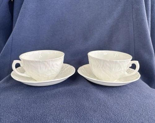 2 Sets Coalport Countryware Bone China White Cabbage Leaf Flat Cups & Saucers