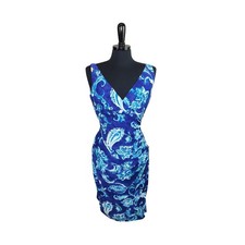 Lauren Ralph Lauren Dress V Neck Ruched Side Blue Paisley Sleeveless 8