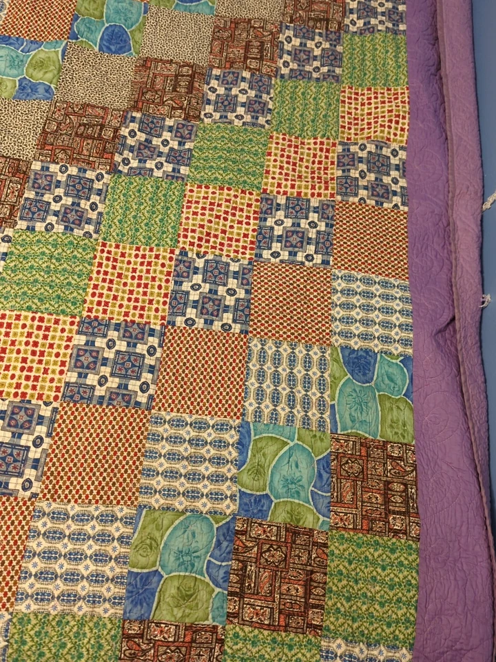Vtg Mid Century Retro Quilt Tiki Era Fabric Purple Machine Stitched BOHO 90x70" - Image 2 of 4
