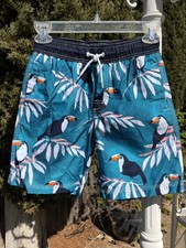 New Gymboree Boys 7-8 T Swim Toucan Birds Tropical Leaf Blue Swimsuit Trunks