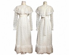 Vintage 1970s Union Made Lace Ivory Bridal Wedding Dress Cottagecore XS Prairie