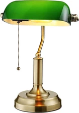 Green Glass Bankers Desk Lamp, UL Listed, Antique Desk Lamps with Brass Base, Tr
