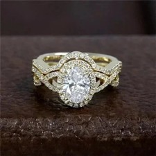 2Ct Oval Cut Real Moissanite Bridal Set Engagement Ring 14K Yellow Gold Plated