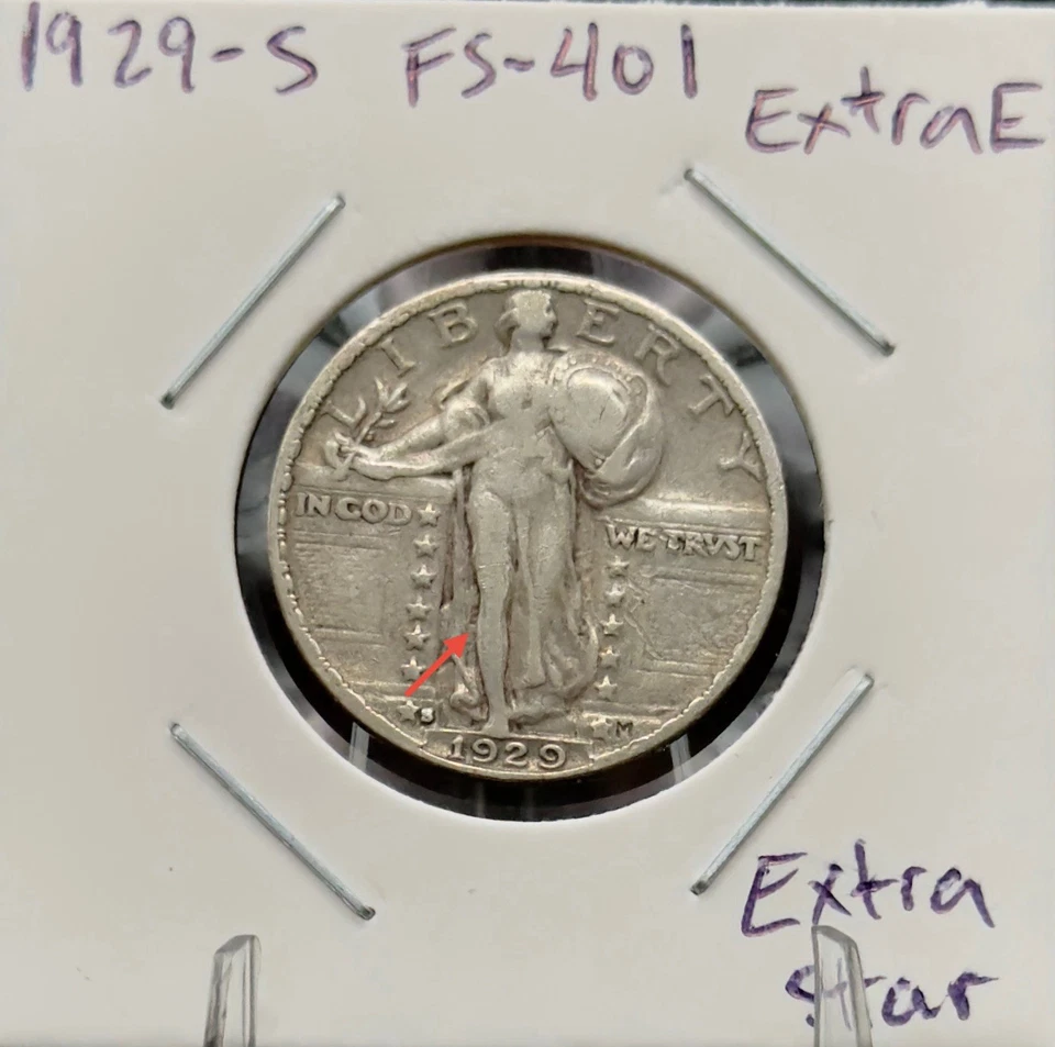 1929-S Standing Liberty Quarter 25C Obverse Die Clash FS-401 Extra E Extra Star - Image 3 of 4