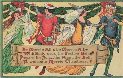 1910 Christmas Postcard Medieval Dancers Holly Carolers E.P. Dutton Nister