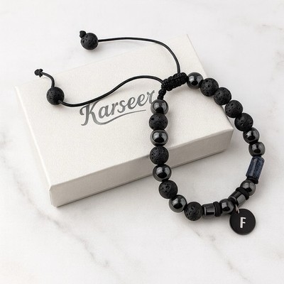 Karseer Unisex Lava Rock and Hematite Bracelet, Adjustable Cord, Gift Ready