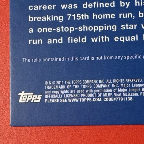 Hank Aaron 2011 Topps Lineage Game-Used Jersey Mini Relic Memorabilia 75R-HA HOF view 12