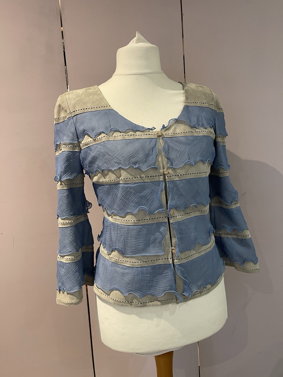 Salvatore Ferragamo Rare Beige Leather & Blue Silk Frill Jacket UK12 image 10