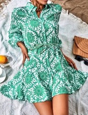 Shein Random Allover Print Lantern Sleeve Belted Shirt Dress Size M