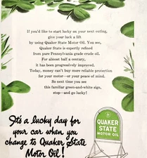 1947 Quaker State Motor Oil Advertisement Lucky 4 Leaf Clover Automobilia DWWW4
