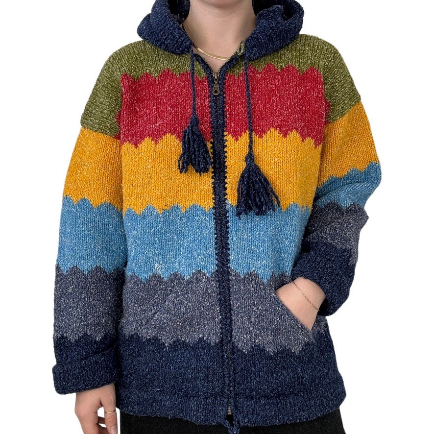 Vintage Hand Knit Womens 100% Wool Made in Ecuador Rainbow Striped 