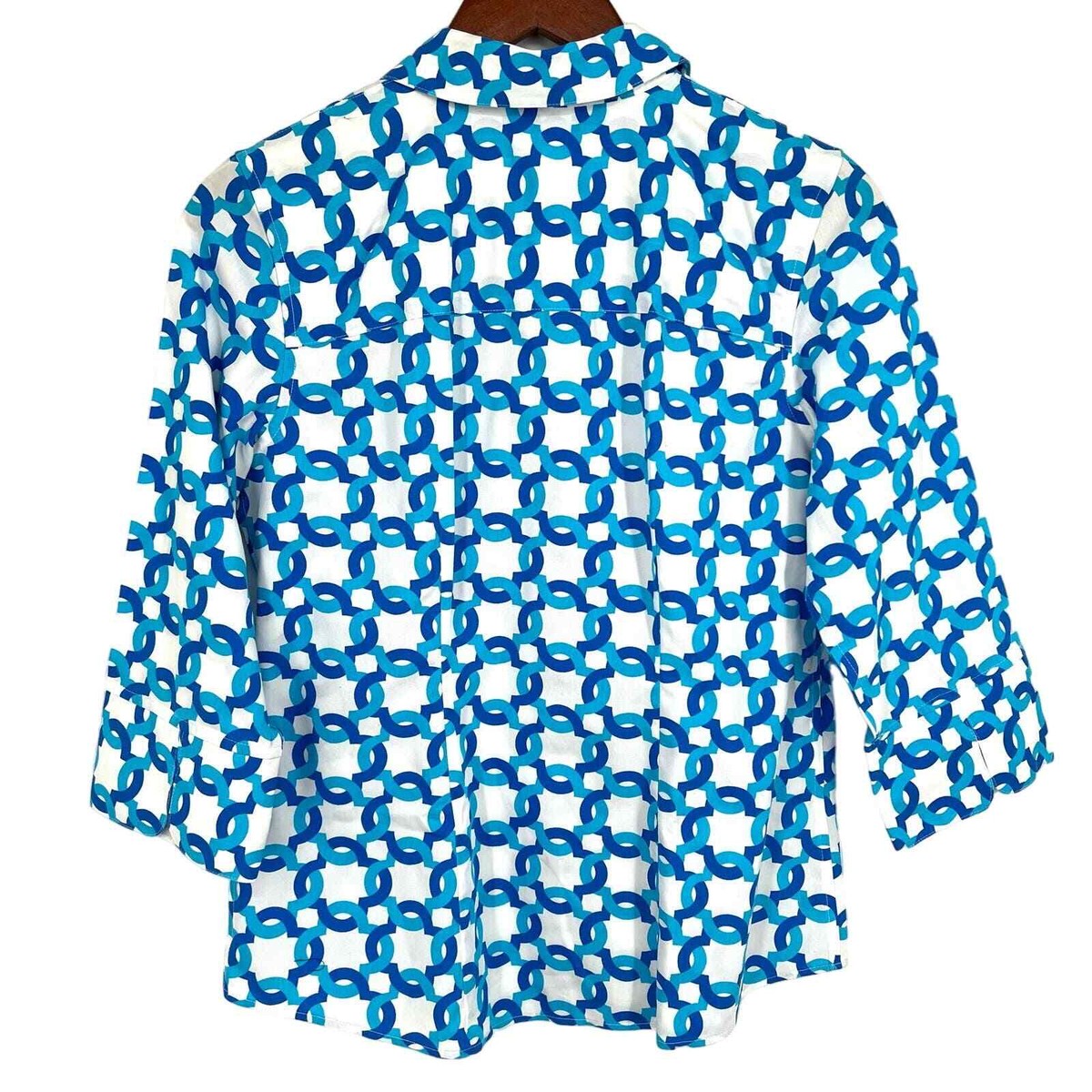 チコオーダーページ Chicos Sz 0 Small 4/6 No Iron Blue Geometric 3/4 Sleeve Blouse
