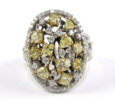 Natural Canary Yellow Diamond Mix Cut Oval Cluster Ring 18k