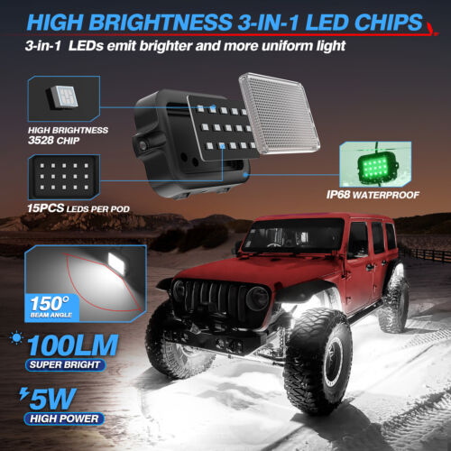 MICTUNING 2pcs single Y1 RGB+IC Led Rock Lights Underglow Led Pods Lighting - Foto 2 di 12