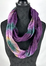 Scarf Purple Green Print Silver Accent Fabric Infinity 13x60 Inches Vintage