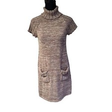 Calvin Klein Sweater Knit Dress Cowl Neck Short Sleeve Brown Pockets XS