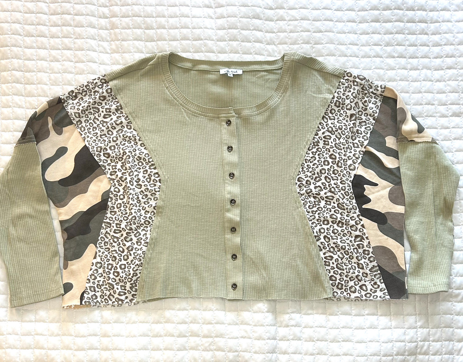 Patchwork Cropped Pullover Relaxed Olive Green Le… - image 1