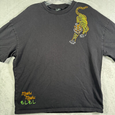 Moshi Moshi Shirt Mens Small Black Graphic Print Ramen Noodle Tiger Koi Fish