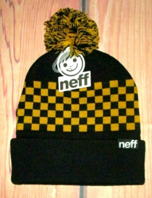 MENS NEFF BLACK YELLOW CHECKED POM POM BEANIE HAT ONE SIZE