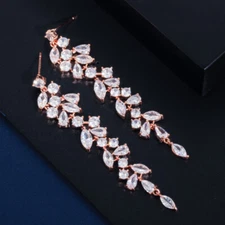 Classy Cubic Zircon Rose Gold Plated Dancing Party Long Dangle Leaf Drop Earring