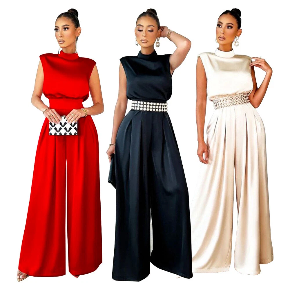 Womens Elegant Jumpsuit Sleeveless Glitter Satin Wide Leg Romper Party  Cocktail